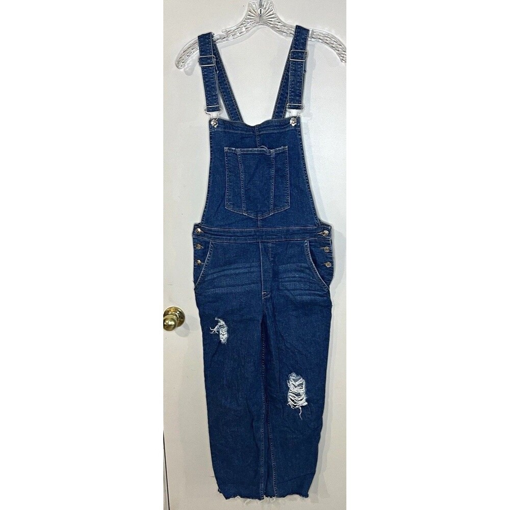 H&M Women's Blue Denim Overall Size 8 Distressed Raw Hem Adjustable Straps